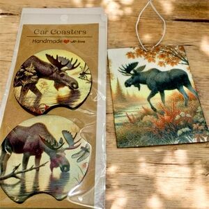 Moose Design Car Coasters and Air Freshener Set
